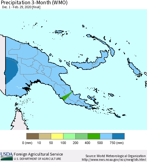 Papua New Guinea Precipitation 3-Month (WMO) Thematic Map For 12/1/2019 - 2/29/2020