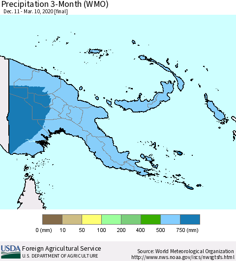 Papua New Guinea Precipitation 3-Month (WMO) Thematic Map For 12/11/2019 - 3/10/2020