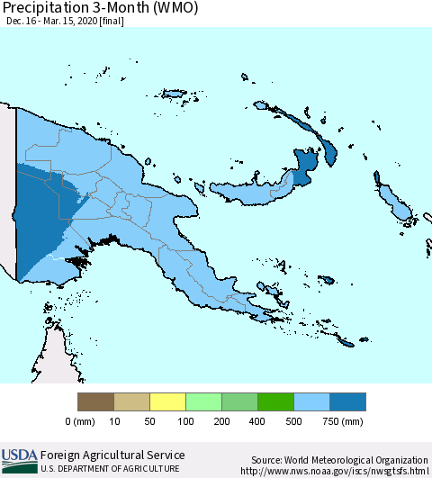 Papua New Guinea Precipitation 3-Month (WMO) Thematic Map For 12/16/2019 - 3/15/2020