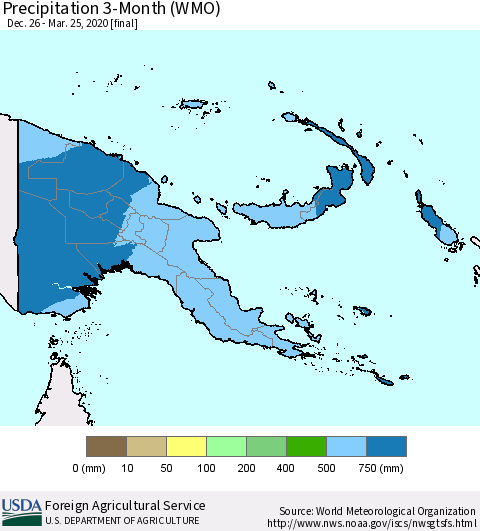 Papua New Guinea Precipitation 3-Month (WMO) Thematic Map For 12/26/2019 - 3/25/2020
