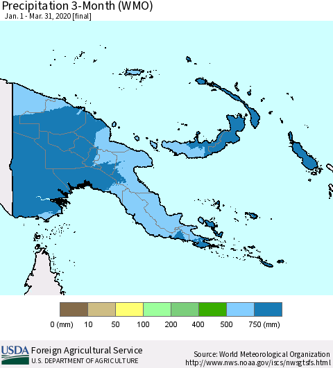 Papua New Guinea Precipitation 3-Month (WMO) Thematic Map For 1/1/2020 - 3/31/2020
