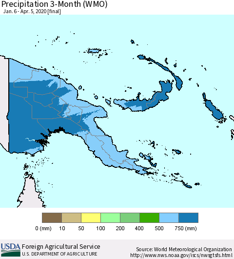 Papua New Guinea Precipitation 3-Month (WMO) Thematic Map For 1/6/2020 - 4/5/2020