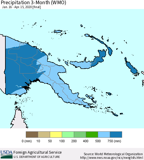 Papua New Guinea Precipitation 3-Month (WMO) Thematic Map For 1/16/2020 - 4/15/2020
