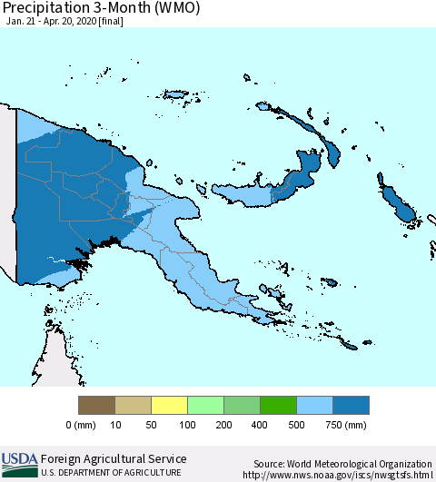 Papua New Guinea Precipitation 3-Month (WMO) Thematic Map For 1/21/2020 - 4/20/2020