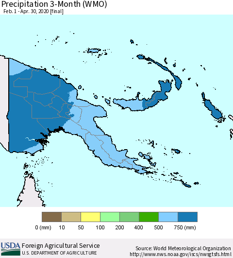 Papua New Guinea Precipitation 3-Month (WMO) Thematic Map For 2/1/2020 - 4/30/2020