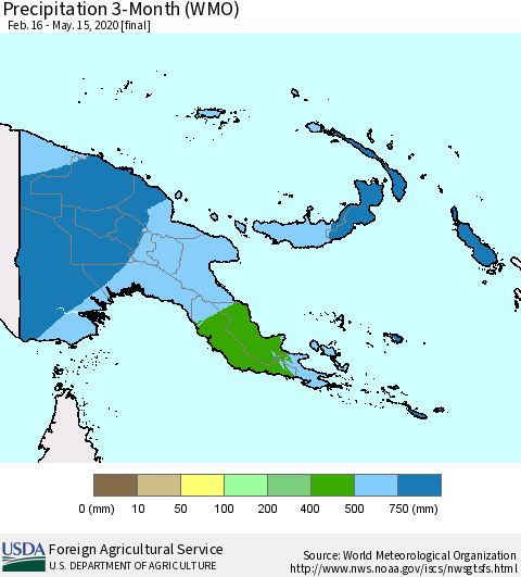 Papua New Guinea Precipitation 3-Month (WMO) Thematic Map For 2/16/2020 - 5/15/2020