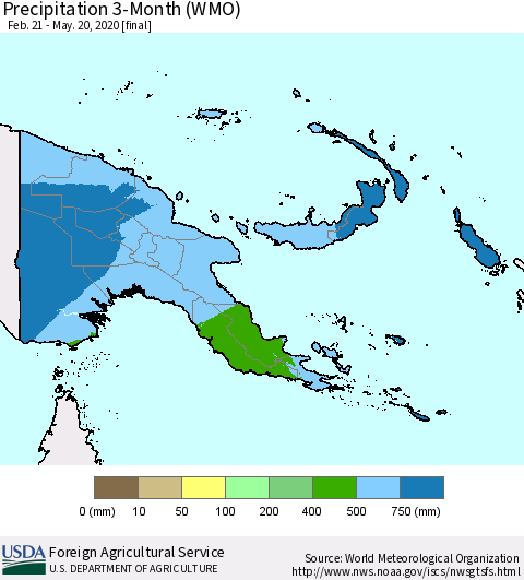 Papua New Guinea Precipitation 3-Month (WMO) Thematic Map For 2/21/2020 - 5/20/2020