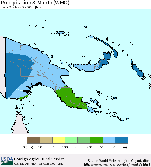 Papua New Guinea Precipitation 3-Month (WMO) Thematic Map For 2/26/2020 - 5/25/2020