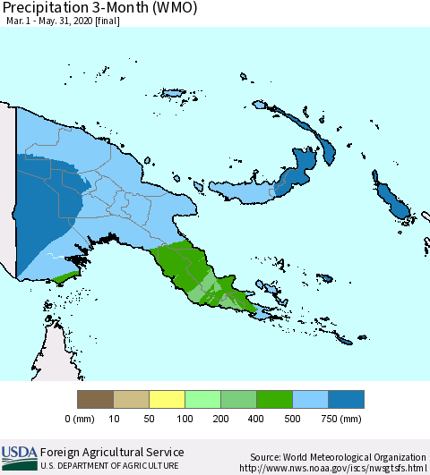 Papua New Guinea Precipitation 3-Month (WMO) Thematic Map For 3/1/2020 - 5/31/2020