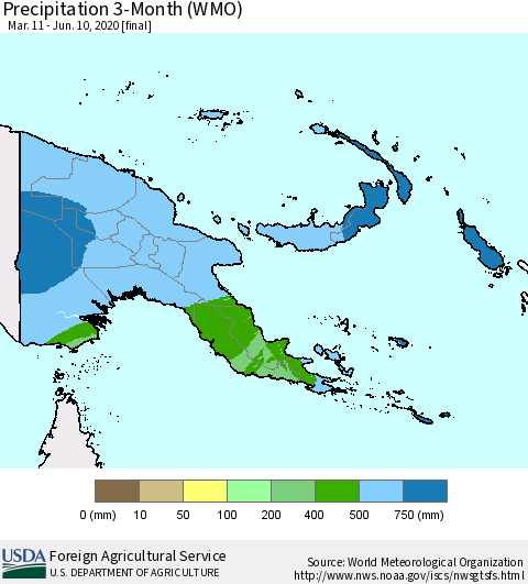 Papua New Guinea Precipitation 3-Month (WMO) Thematic Map For 3/11/2020 - 6/10/2020