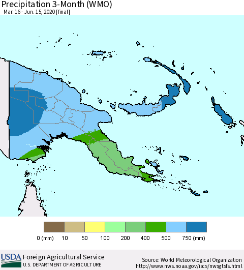 Papua New Guinea Precipitation 3-Month (WMO) Thematic Map For 3/16/2020 - 6/15/2020