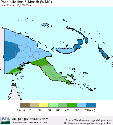 Papua New Guinea Precipitation 3-Month (WMO) Thematic Map For 3/21/2020 - 6/20/2020