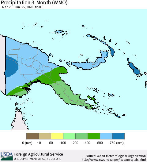 Papua New Guinea Precipitation 3-Month (WMO) Thematic Map For 3/26/2020 - 6/25/2020