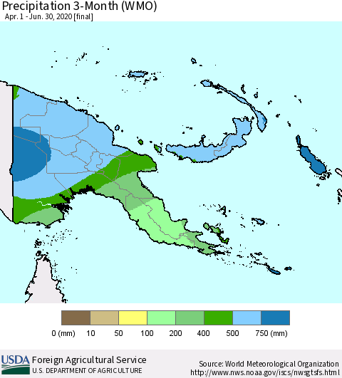 Papua New Guinea Precipitation 3-Month (WMO) Thematic Map For 4/1/2020 - 6/30/2020
