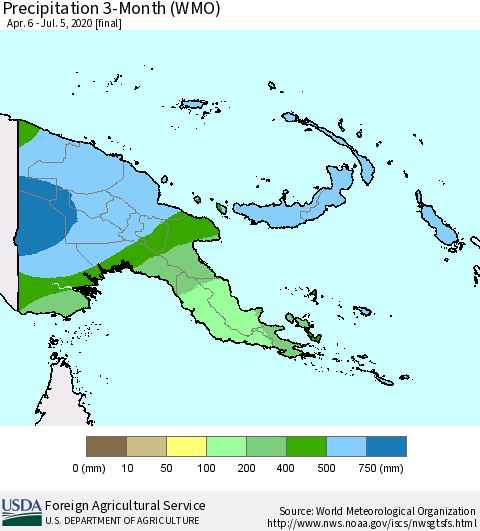 Papua New Guinea Precipitation 3-Month (WMO) Thematic Map For 4/6/2020 - 7/5/2020