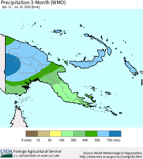 Papua New Guinea Precipitation 3-Month (WMO) Thematic Map For 4/11/2020 - 7/10/2020