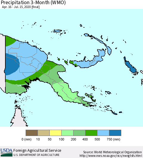 Papua New Guinea Precipitation 3-Month (WMO) Thematic Map For 4/16/2020 - 7/15/2020