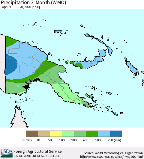 Papua New Guinea Precipitation 3-Month (WMO) Thematic Map For 4/21/2020 - 7/20/2020