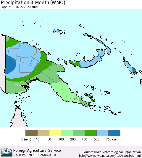 Papua New Guinea Precipitation 3-Month (WMO) Thematic Map For 4/26/2020 - 7/25/2020