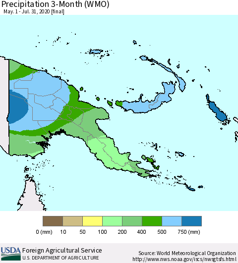 Papua New Guinea Precipitation 3-Month (WMO) Thematic Map For 5/1/2020 - 7/31/2020