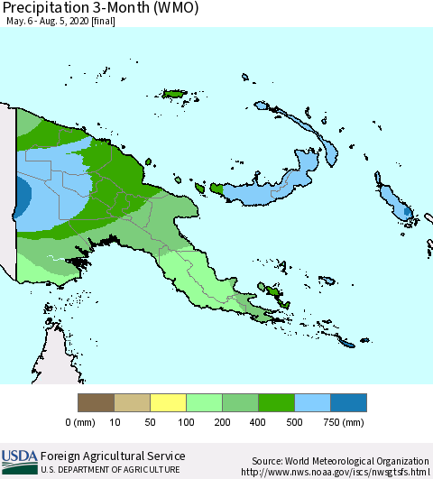 Papua New Guinea Precipitation 3-Month (WMO) Thematic Map For 5/6/2020 - 8/5/2020