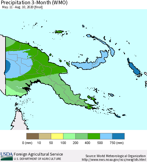 Papua New Guinea Precipitation 3-Month (WMO) Thematic Map For 5/11/2020 - 8/10/2020