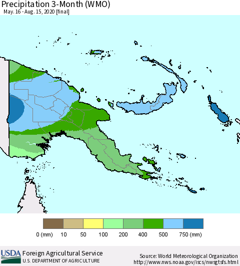 Papua New Guinea Precipitation 3-Month (WMO) Thematic Map For 5/16/2020 - 8/15/2020