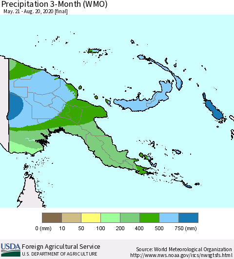 Papua New Guinea Precipitation 3-Month (WMO) Thematic Map For 5/21/2020 - 8/20/2020