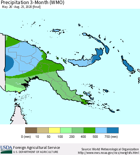 Papua New Guinea Precipitation 3-Month (WMO) Thematic Map For 5/26/2020 - 8/25/2020
