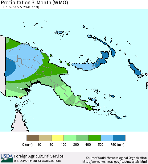 Papua New Guinea Precipitation 3-Month (WMO) Thematic Map For 6/6/2020 - 9/5/2020