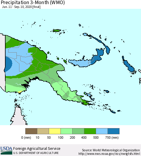 Papua New Guinea Precipitation 3-Month (WMO) Thematic Map For 6/11/2020 - 9/10/2020