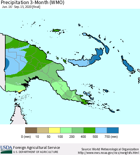 Papua New Guinea Precipitation 3-Month (WMO) Thematic Map For 6/16/2020 - 9/15/2020