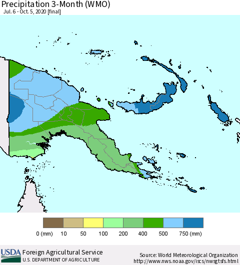 Papua New Guinea Precipitation 3-Month (WMO) Thematic Map For 7/6/2020 - 10/5/2020