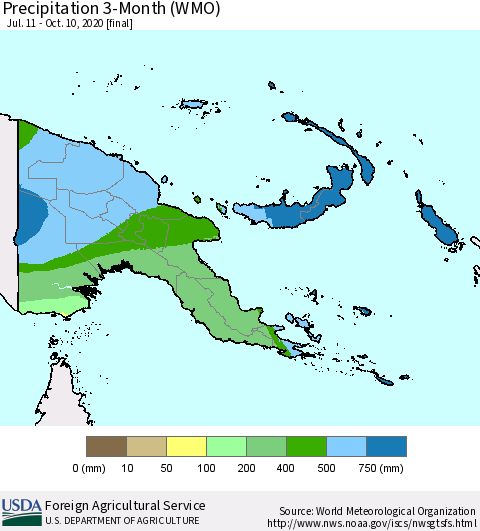 Papua New Guinea Precipitation 3-Month (WMO) Thematic Map For 7/11/2020 - 10/10/2020