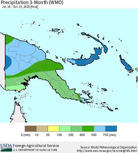 Papua New Guinea Precipitation 3-Month (WMO) Thematic Map For 7/16/2020 - 10/15/2020