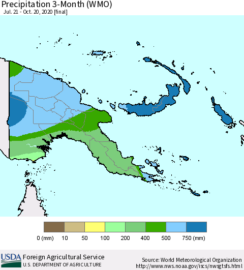 Papua New Guinea Precipitation 3-Month (WMO) Thematic Map For 7/21/2020 - 10/20/2020