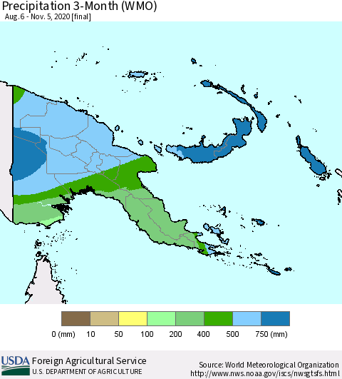 Papua New Guinea Precipitation 3-Month (WMO) Thematic Map For 8/6/2020 - 11/5/2020