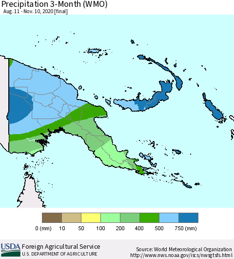 Papua New Guinea Precipitation 3-Month (WMO) Thematic Map For 8/11/2020 - 11/10/2020
