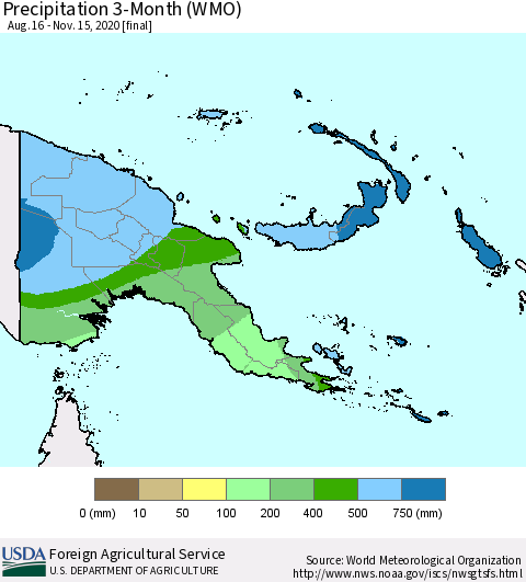Papua New Guinea Precipitation 3-Month (WMO) Thematic Map For 8/16/2020 - 11/15/2020