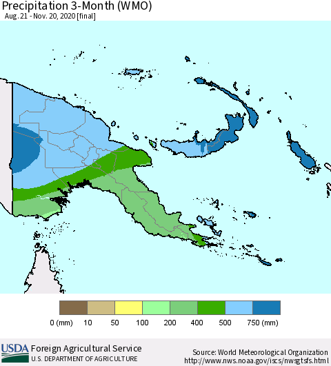 Papua New Guinea Precipitation 3-Month (WMO) Thematic Map For 8/21/2020 - 11/20/2020