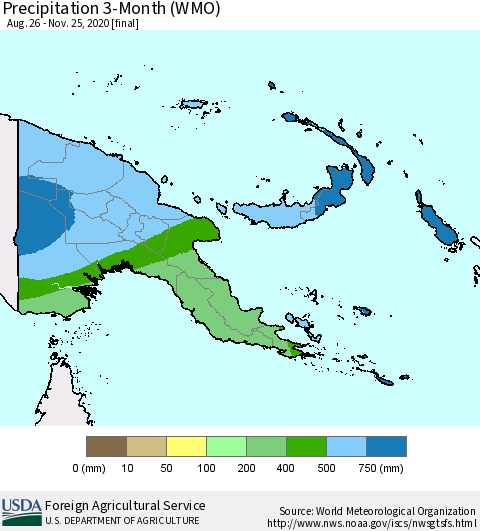 Papua New Guinea Precipitation 3-Month (WMO) Thematic Map For 8/26/2020 - 11/25/2020