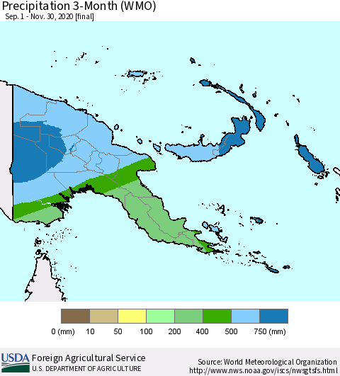 Papua New Guinea Precipitation 3-Month (WMO) Thematic Map For 9/1/2020 - 11/30/2020