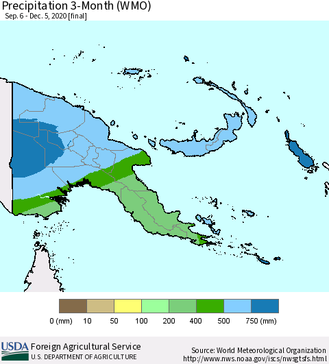 Papua New Guinea Precipitation 3-Month (WMO) Thematic Map For 9/6/2020 - 12/5/2020