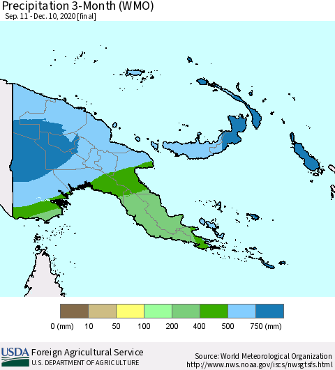 Papua New Guinea Precipitation 3-Month (WMO) Thematic Map For 9/11/2020 - 12/10/2020