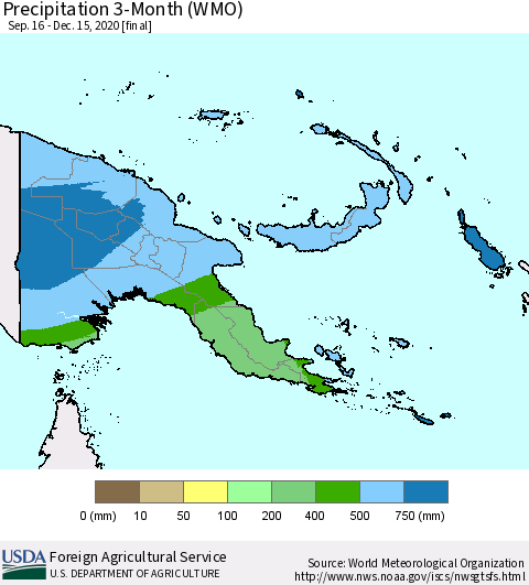 Papua New Guinea Precipitation 3-Month (WMO) Thematic Map For 9/16/2020 - 12/15/2020