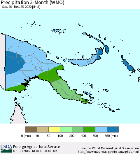 Papua New Guinea Precipitation 3-Month (WMO) Thematic Map For 9/26/2020 - 12/25/2020