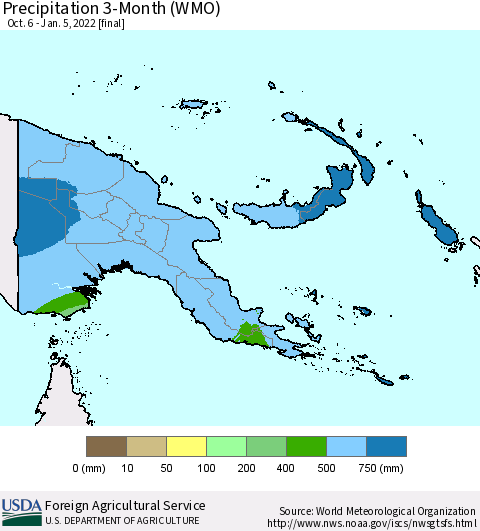 Papua New Guinea Precipitation 3-Month (WMO) Thematic Map For 10/6/2021 - 1/5/2022