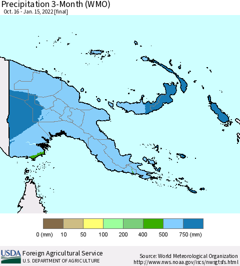 Papua New Guinea Precipitation 3-Month (WMO) Thematic Map For 10/16/2021 - 1/15/2022