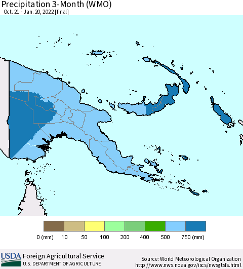 Papua New Guinea Precipitation 3-Month (WMO) Thematic Map For 10/21/2021 - 1/20/2022