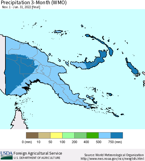 Papua New Guinea Precipitation 3-Month (WMO) Thematic Map For 11/1/2021 - 1/31/2022